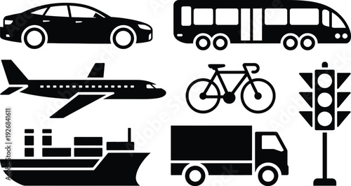 transportation icon set featuring car bus airplane bicycle cargo ship truck and traffic light symbols for logistics travel and delivery.