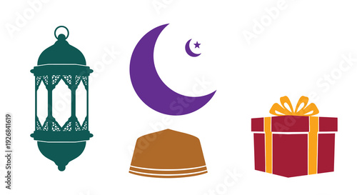 Ramadan decorations with a lantern crescent moon and gift silhouette