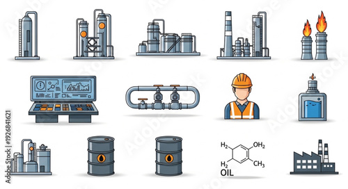 Illustrative depiction of industrial processes and chemical plant operations.