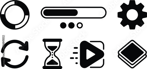 Adobe Illustrator Artwork loading progress bar and status icon set featuring circular buffer bar hourglass refresh gear and play symbols for web.