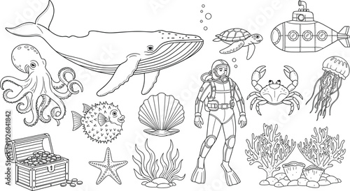 Underwater Ocean Outline Vector Set with Whale, Octopus, Diver, Submarine, Crab, Jellyfish, Coral Reef, Starfish, and Sea Life Illustrations