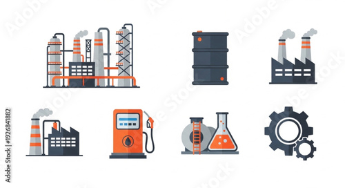 Industrial factory and oil barrel with fuel pump and gear wheel icons.