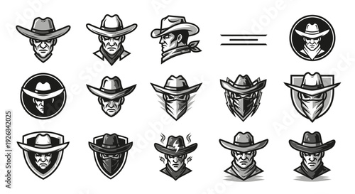 Cowboy Hat Icons Set Black White Illustration.