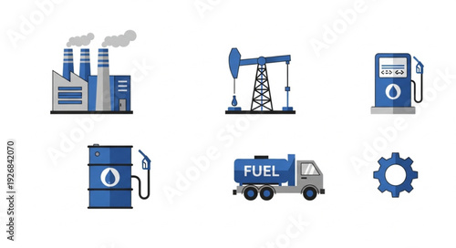 Oil and gas industry production, processing, and distribution icons set.