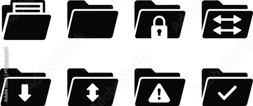 folder icon set featuring document lock sync download upload warning and check mark symbols for computer data file management.