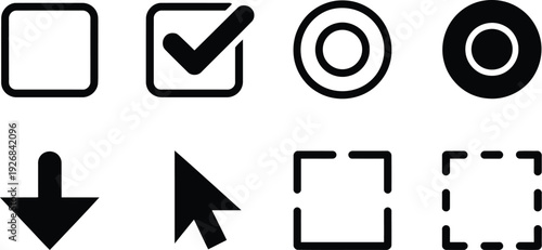 user interface icon set featuring checkbox check mark radio button download arrow cursor and selection frame symbols for web design.