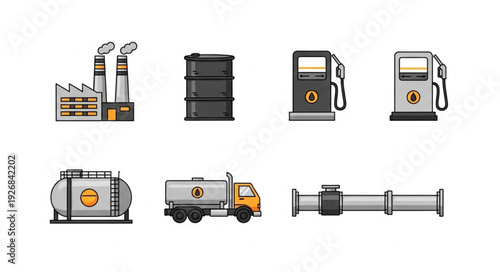 Oil industry production and transportation icons representing the energy sector.