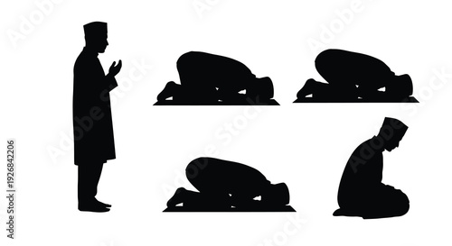 Muslims in prayer showing various positions in a black silhouette