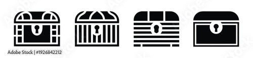 Four black treasure chest icons with different designs and patterns, isolated on white background, vector illustration representing wealth, loot, rewards, and gaming concepts.