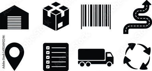  logistics and delivery icon set featuring warehouse box barcode road map pin checklist truck and recycling symbols for shipping.