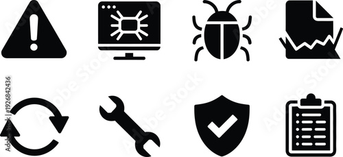 security and system maintenance icon set featuring warning shield bug wrench and update symbols for web development projects.