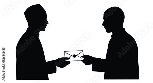 Two men exchanging a letter stark black and white silhouette