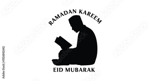 Ramadan kareem greeting with a seated reader in silhouette