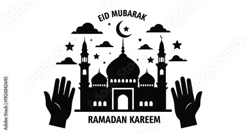 Eid mubarak and ramadan kareem greetings with mosque silhouette