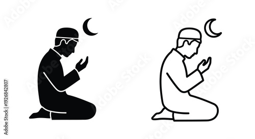 Two muslim men praying with crescent moons a black silhouette