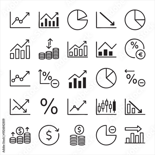 Collection of black and white financial and statistical with graphs and symbols statistics