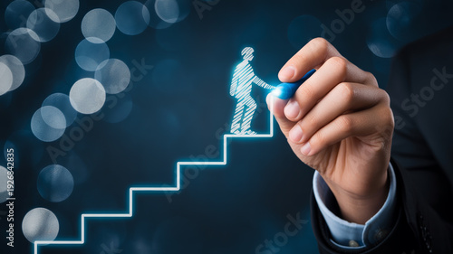 A hand drawing a silhouette of a person climbing a staircase symbolizing progress.