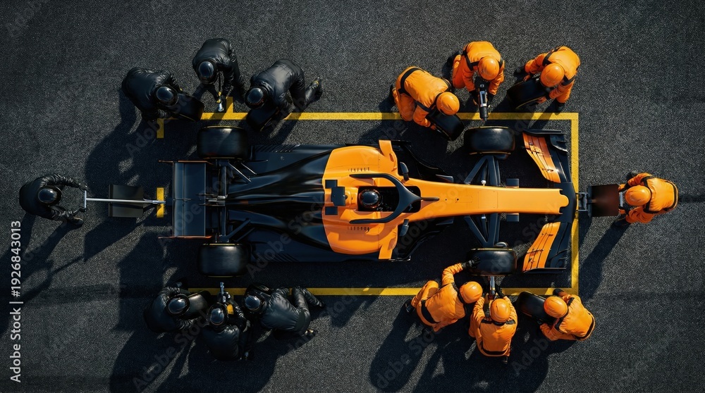 Obraz premium Birds eye view orange and black formula race car serviced by pit crew. Concept of competitive motorsport logistics, high speed pit lane service, professional race team performance.