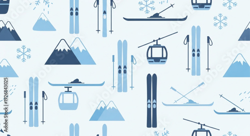 Winter mountain ski resort seamless pattern with skis and gondolas.