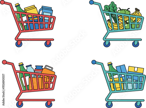 Four Colorful Shopping Carts Filled with Groceries