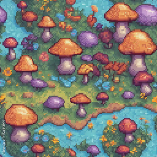 A pixel art image showcases a lush forest with various mushrooms, flowers, and a river.