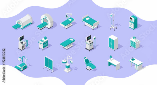 Isometric 3D office workspace elements collection.