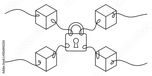 Simple line drawing of four cubes connected to a central padlock representing blockchain security.