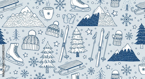 Winter Holiday Season Doodle Pattern With Snowflakes and Mountains.