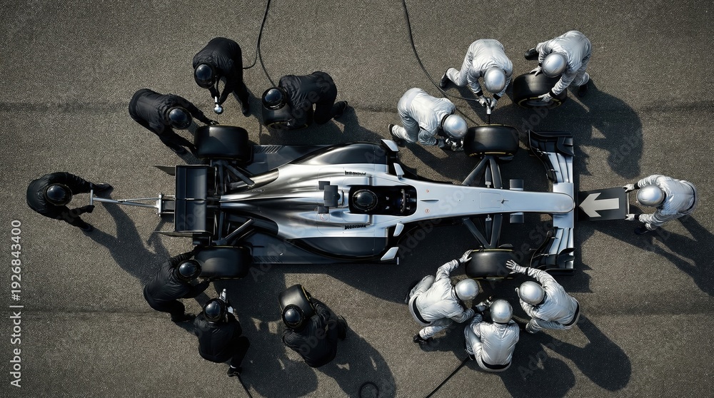 Fototapeta premium High angle overhead silver formula race car with directional arrow in pit lane. Concept of strategic race planning, motorsport workflow management, precision engineering teamwork.
