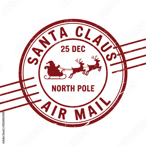 Vintage santa claus air mail postmark with reindeer and sleigh