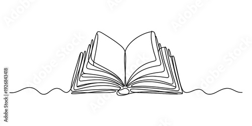 Continuous line drawing of an open book with turning pages on a white background.