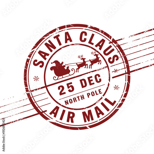 Vintage santa claus air mail stamp with reindeer and festive details