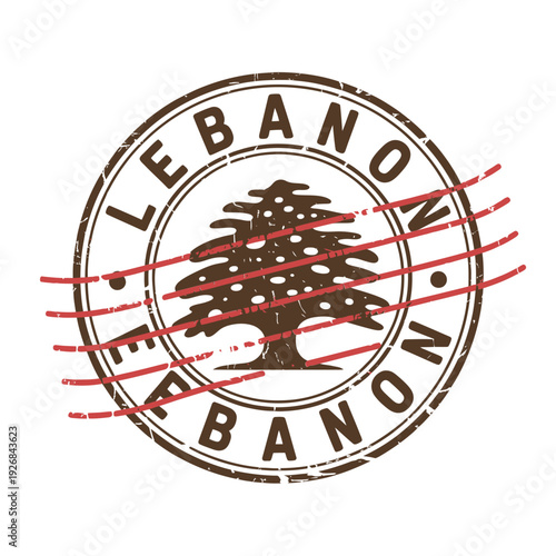 Circular stamp of lebanon featuring a cedar tree and distressed text