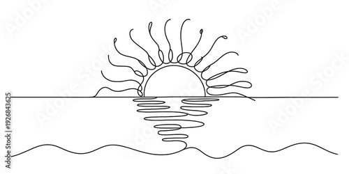 A minimalist continuous line drawing of a sunset over the ocean with a reflective surface Vector, illustration