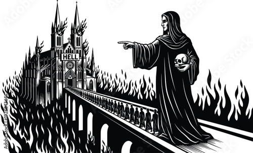 Detailed black and white engraving of a hooded figure holding a skull pointing towards a burning gothic cathedral labeled hell for dark fantasy branding