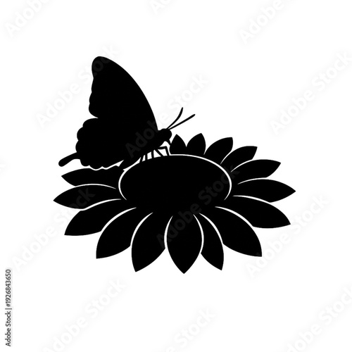 Elegant Butterfly Silhouette on Flower – Minimalist Vector Design for Nature, Beauty, and Serenity Concepts. Dark Purple Backdrop, Subtle Glow, Perfect for Modern Graphics & Branding