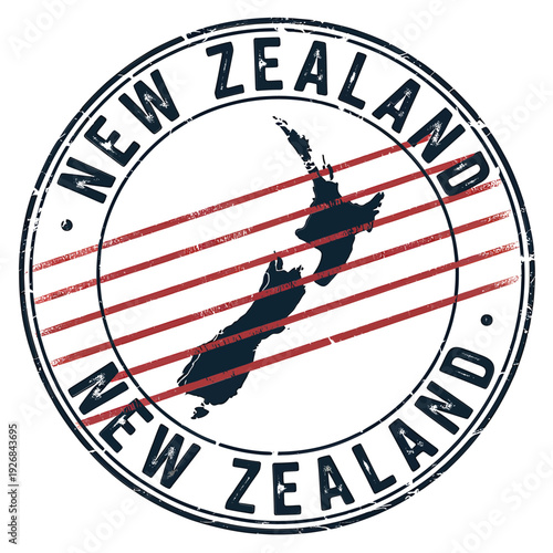 A vintage style stamp featuring the map of new zealand and text