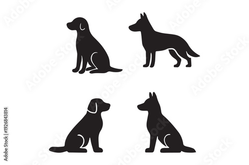 Four black silhouettes of different dog breeds are displayed