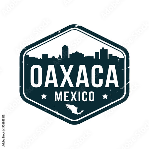 Vintage style badge displaying the city skyline of oaxaca mexico