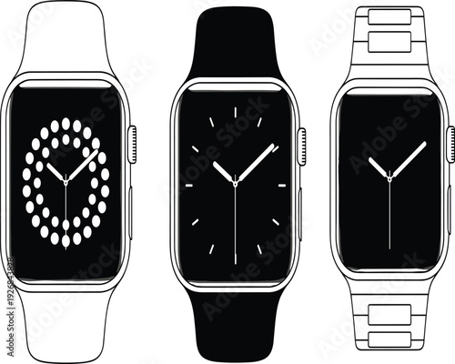 Three Smartwatches with Different Analog Clock Faces on Black and White Straps