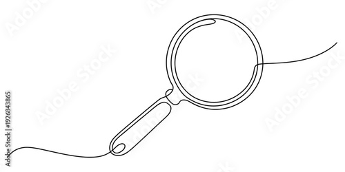 Continuous one line drawing of a magnifying glass icon representing search and discovery. Vector, illustration
