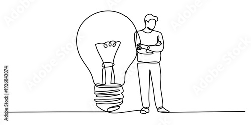 One line drawing of a man standing next to a giant light bulb representing a creative idea Vector, illustration