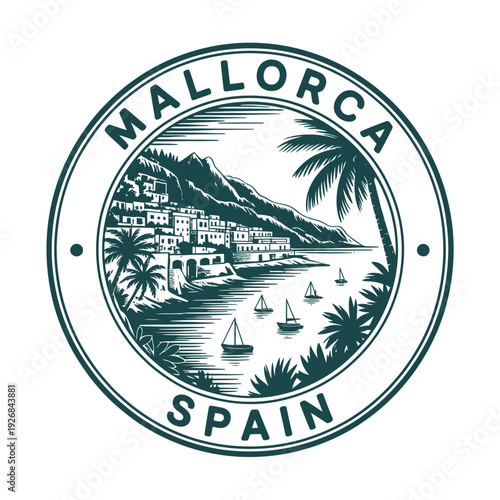 Mallorca spain travel emblem coastal landscape with mountains and sailboats