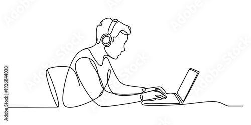 Continuous line drawing of a young man wearing headphones while working on his laptop computer. Vector, illustration