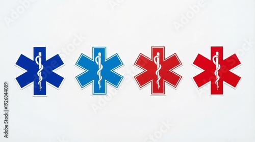 Emergency medical Star of Life icons set with Rod of Asclepius, healthcare insignia variations in blue, maroon, red colors
