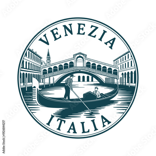 Vintage venice italy travel emblem featuring gondola and iconic architecture