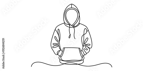 Simple continuous line drawing of a faceless person wearing a hooded sweatshirt with pockets Vector, illustration