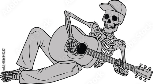 Cartoon skeleton playing guitar, spooky Halloween character, funny undead musician, creepy monster art, relaxed skeleton design, whimsical horror illustration, flavector