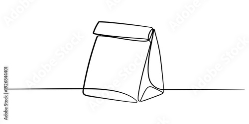 Minimalist one line art illustration of a folded paper bag for lunch or shopping. Vector, illustration