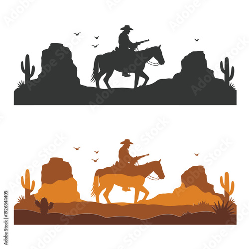 Silhouette of a cowboy on horseback in a desert landscape